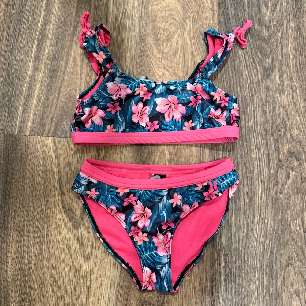 Hurley Tropical Floral Kids Swim Set - Pink and Green Size Medium